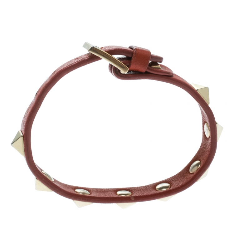 Pre Owned Valentino Rockstud Orange Leather Gold Tone Bracelet