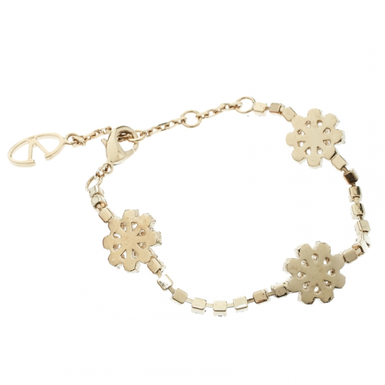 Pre Owned Valentino Faux Pearl Crystal Embellished Gold Tone Flower Bracelet