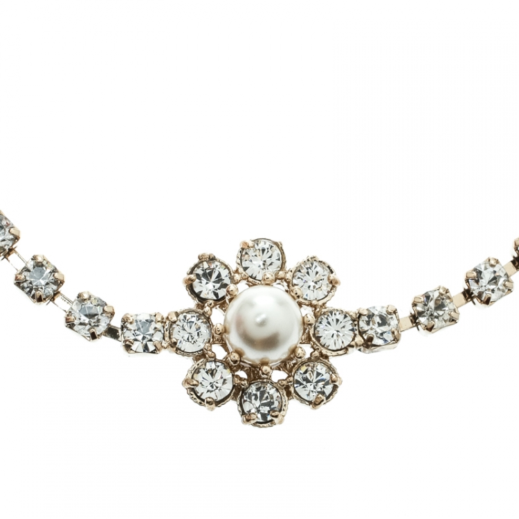 Pre Owned Valentino Faux Pearl Crystal Embellished Gold Tone Flower Bracelet