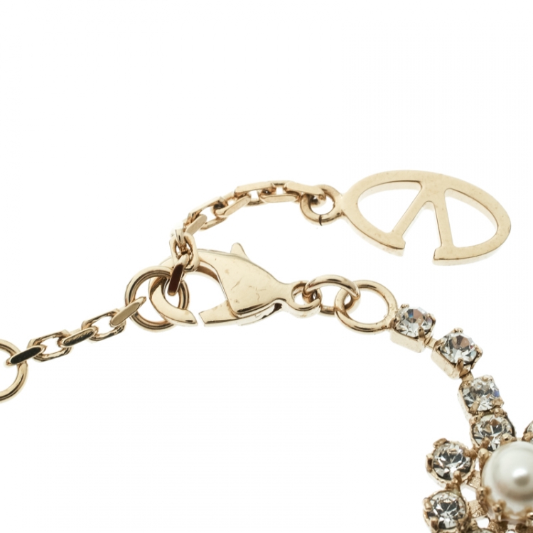 Pre Owned Valentino Faux Pearl Crystal Embellished Gold Tone Flower Bracelet