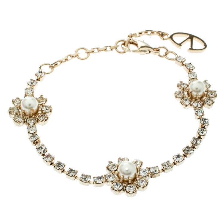 Pre Owned Valentino Faux Pearl Crystal Embellished Gold Tone Flower Bracelet