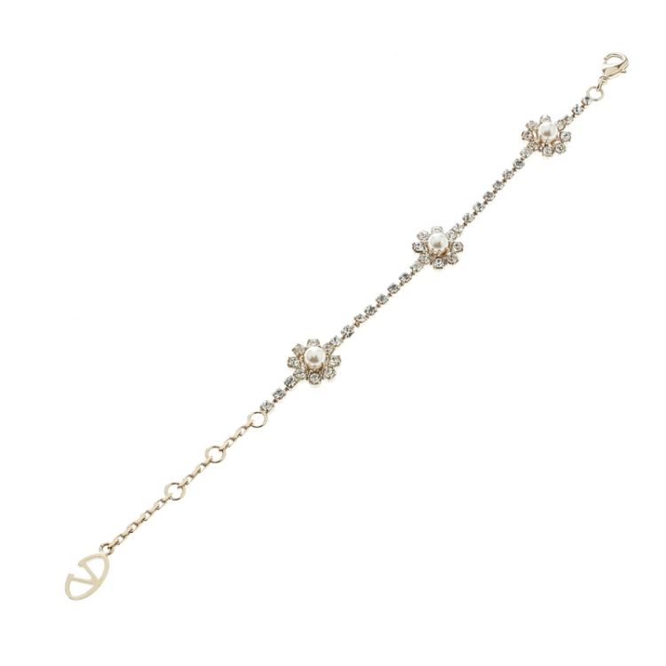 Pre Owned Valentino Faux Pearl Crystal Embellished Gold Tone Flower Bracelet