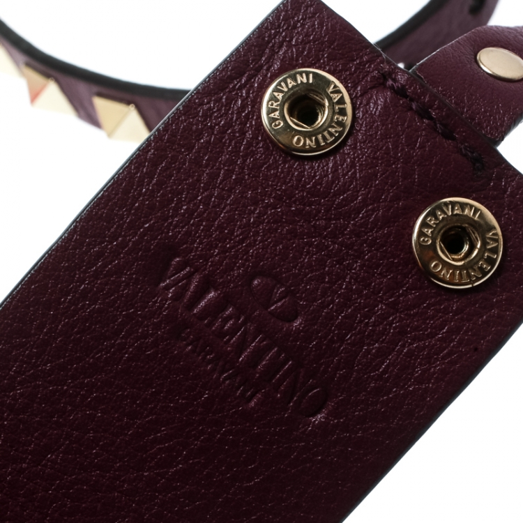 Pre Owned Valentino Rockstud Purple Leather Gold Tone Double Wrap Cuff Bracelet 