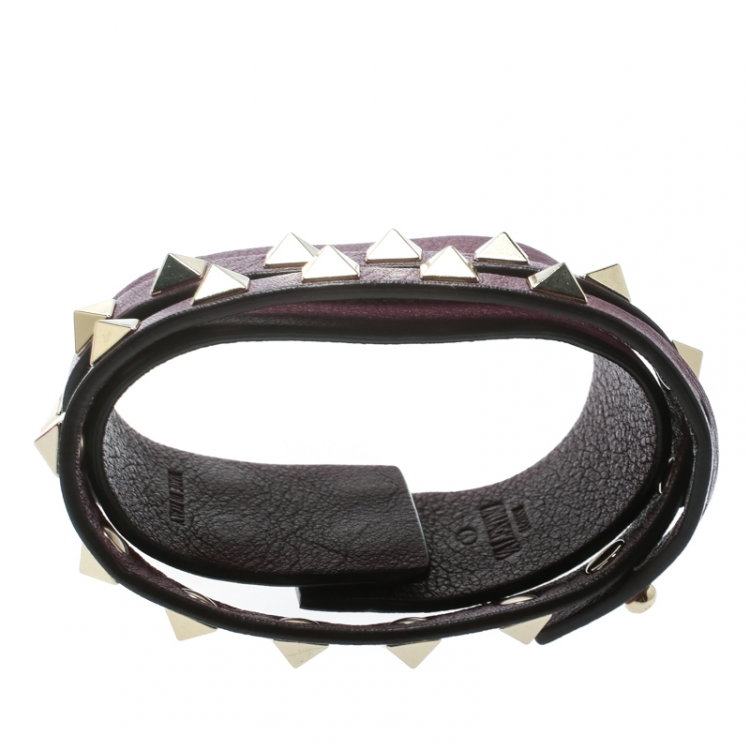 Pre Owned Valentino Rockstud Purple Leather Gold Tone Double Wrap Cuff Bracelet 