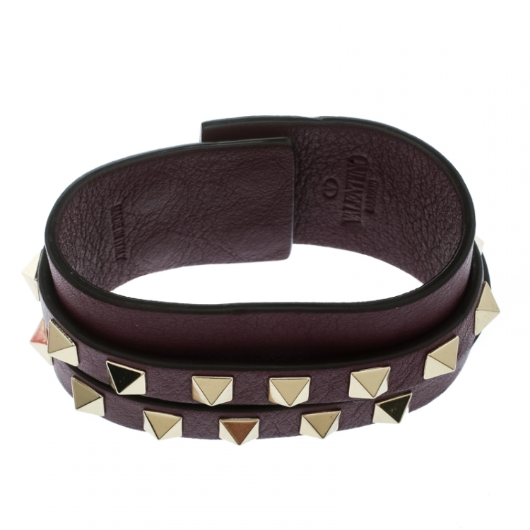 Pre Owned Valentino Rockstud Purple Leather Gold Tone Double Wrap Cuff Bracelet 