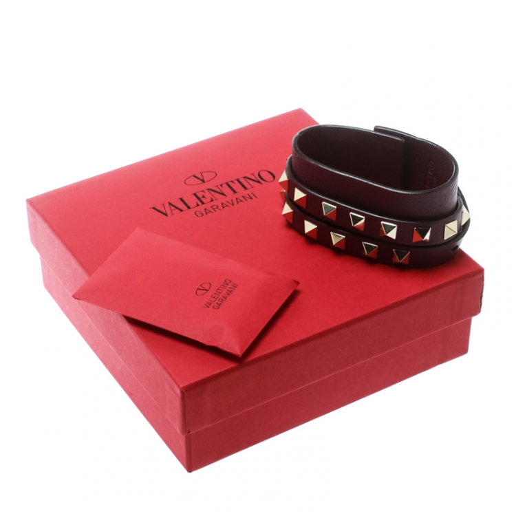 Pre Owned Valentino Rockstud Purple Leather Gold Tone Double Wrap Cuff Bracelet 