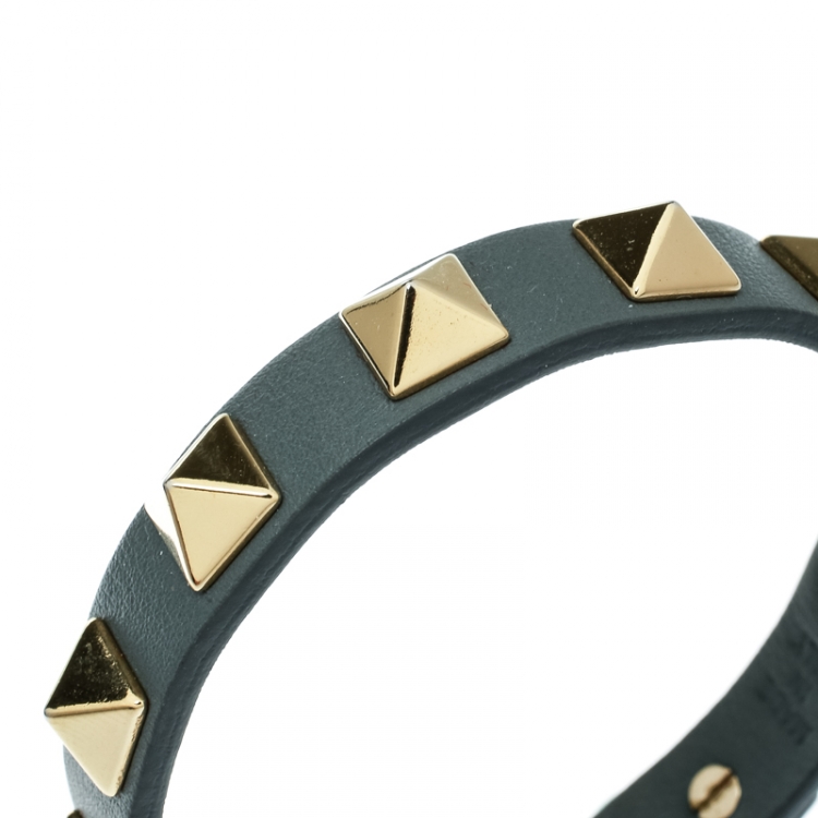 Pre Owned Valentino Rockstud Grey Leather Gold Tone Bracelet