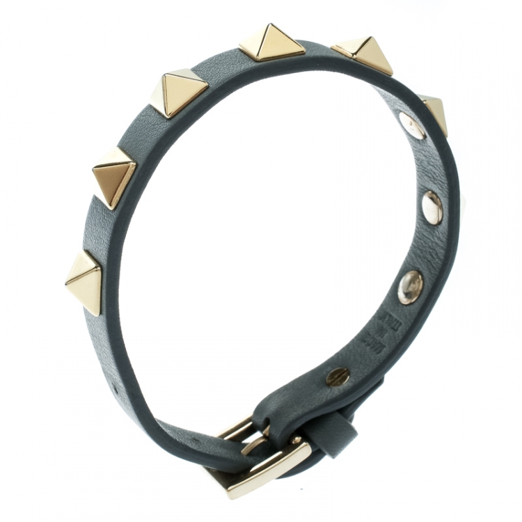 Pre Owned Valentino Rockstud Grey Leather Gold Tone Bracelet