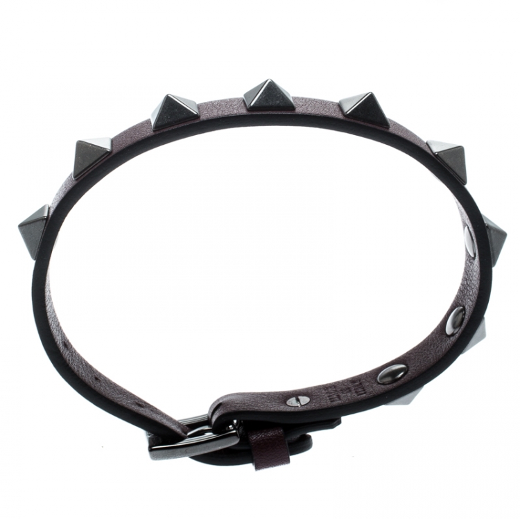Pre Owned Valentino Rockstud Wine Leather Gunmetal Tone Bracelet