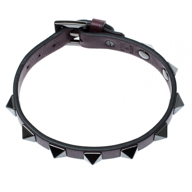 Pre Owned Valentino Rockstud Wine Leather Gunmetal Tone Bracelet
