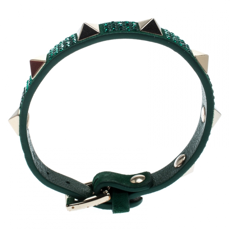 Pre Owned Valentino Emerald Green Suede Crystal Embellished Rockstud Bracelet