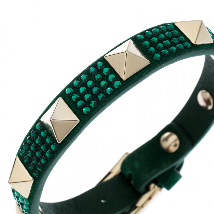 Pre Owned Valentino Emerald Green Suede Crystal Embellished Rockstud Bracelet