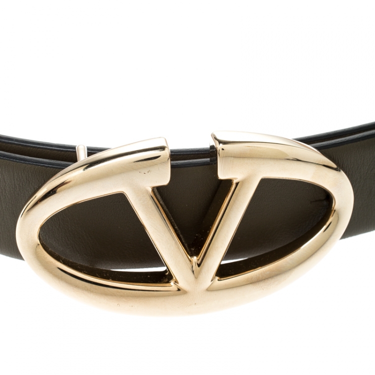 Pre Owned Valentino Olive Green Leather Logo Platino Belt 80CM