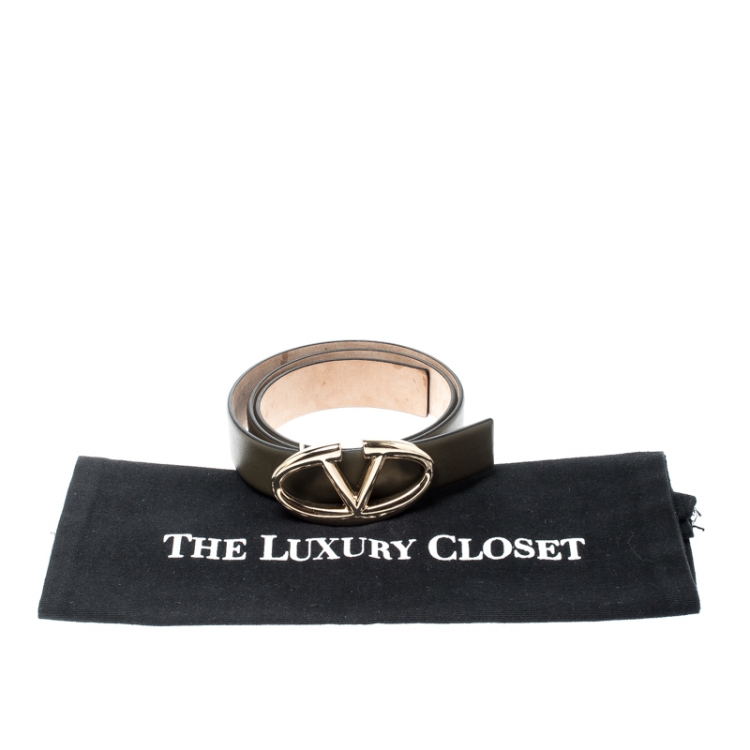 Pre Owned Valentino Olive Green Leather Logo Platino Belt 80CM