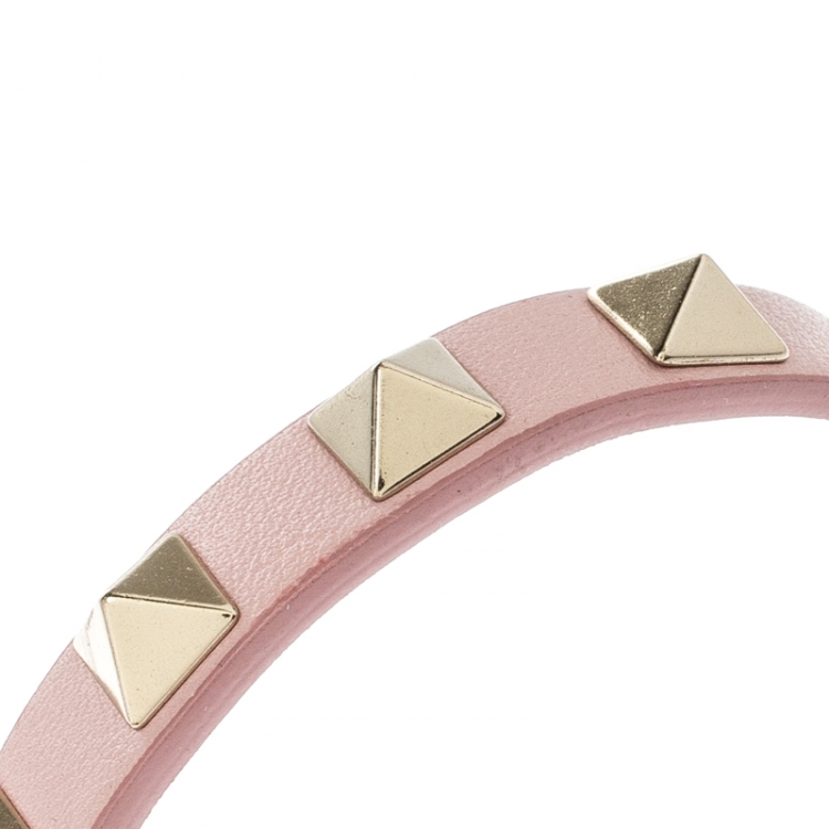 Pre Owned Valentino Rockstud Pink Leather Gold Tone Bracelet