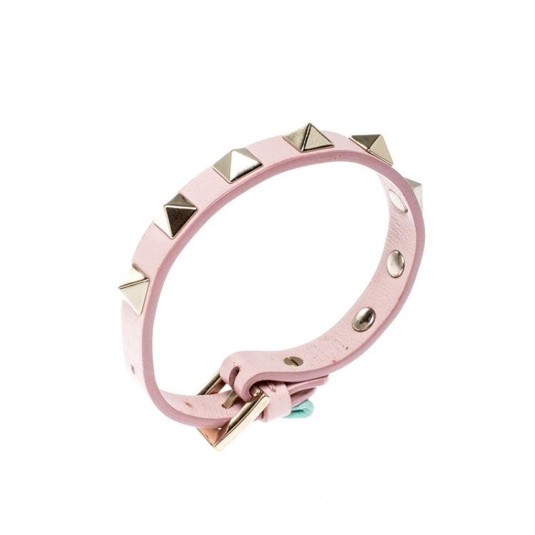 Pre Owned Valentino Rockstud Pink Leather Gold Tone Bracelet