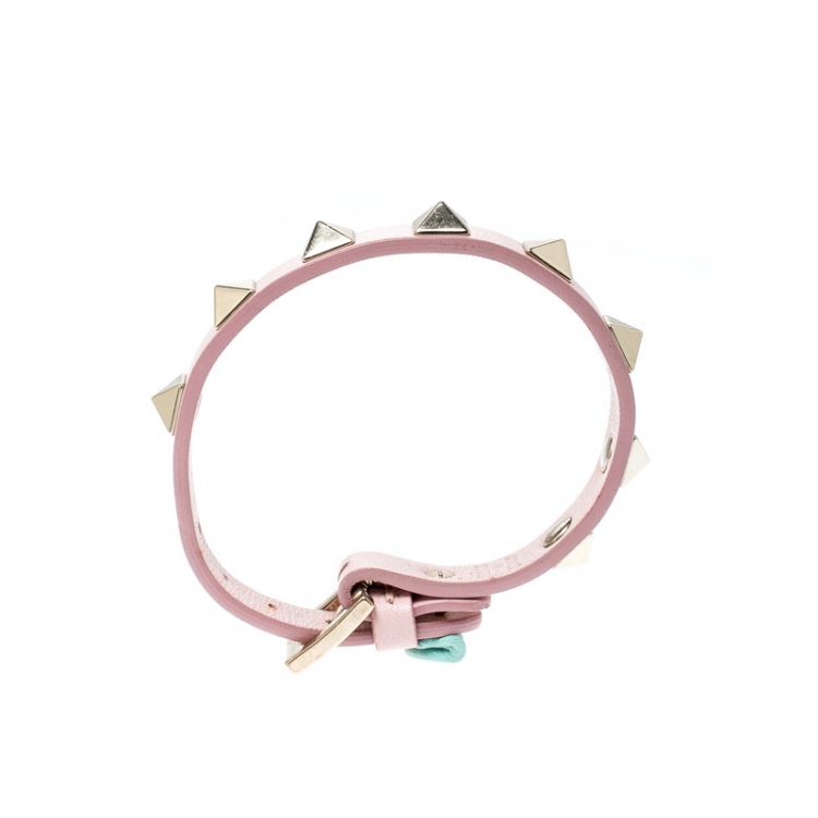 Pre Owned Valentino Rockstud Pink Leather Gold Tone Bracelet