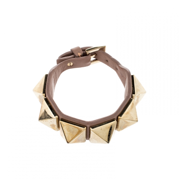 Pre Owned Valentino Rockstud Gold Tone Leather Bracelet