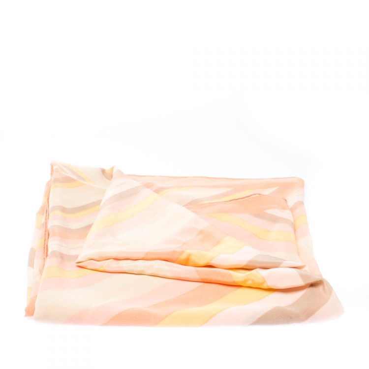 Pre Owned Valentino Peach Native Couture Pastel Striped Diamond Print Silk Square Scarf