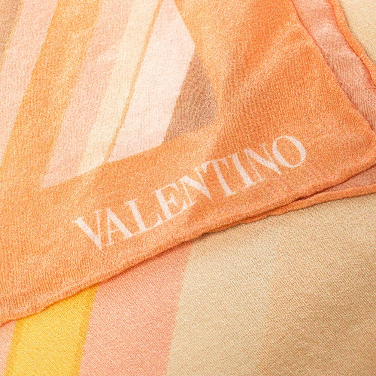 Pre Owned Valentino Peach Native Couture Pastel Striped Diamond Print Silk Square Scarf