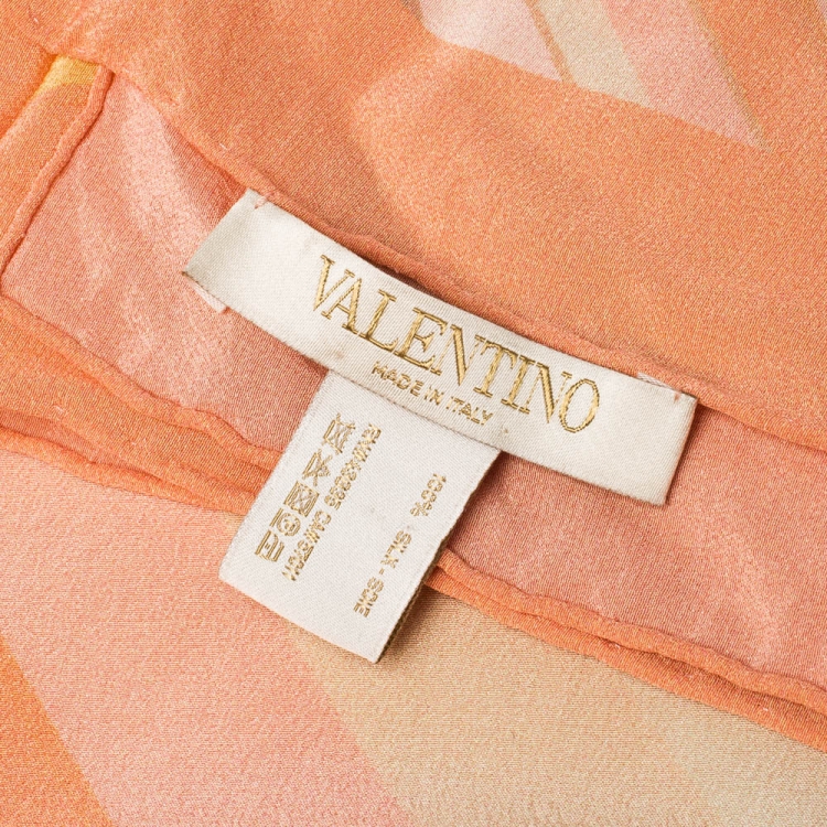 Pre Owned Valentino Peach Native Couture Pastel Striped Diamond Print Silk Square Scarf