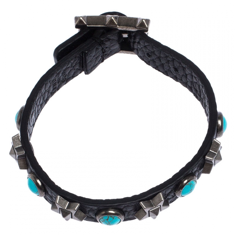 Pre Owned Valentino Black Leather Star Rolling Bracelet