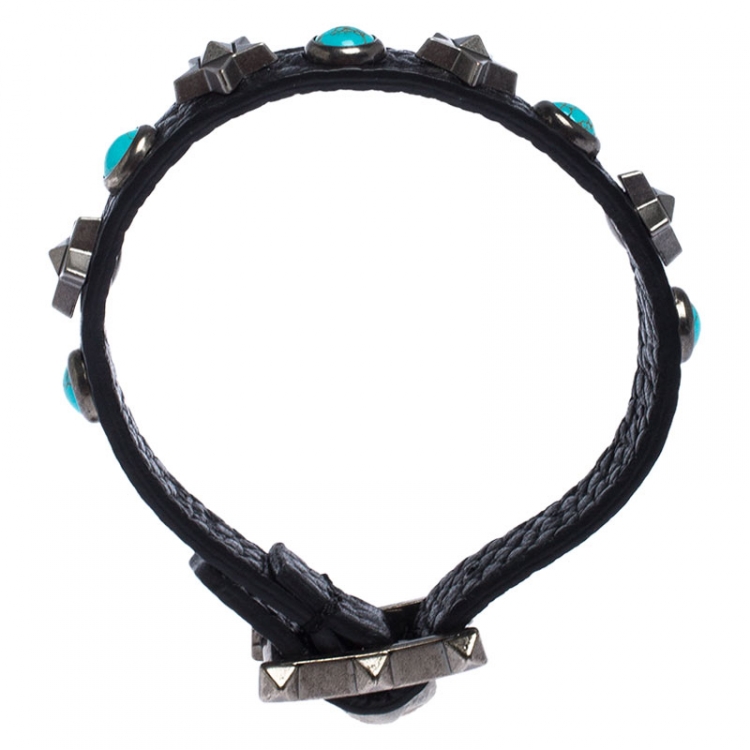 Pre Owned Valentino Black Leather Star Rolling Bracelet