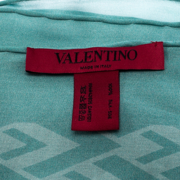 Pre Owned Valentino Teal Geometric V Print Silk Scarf 