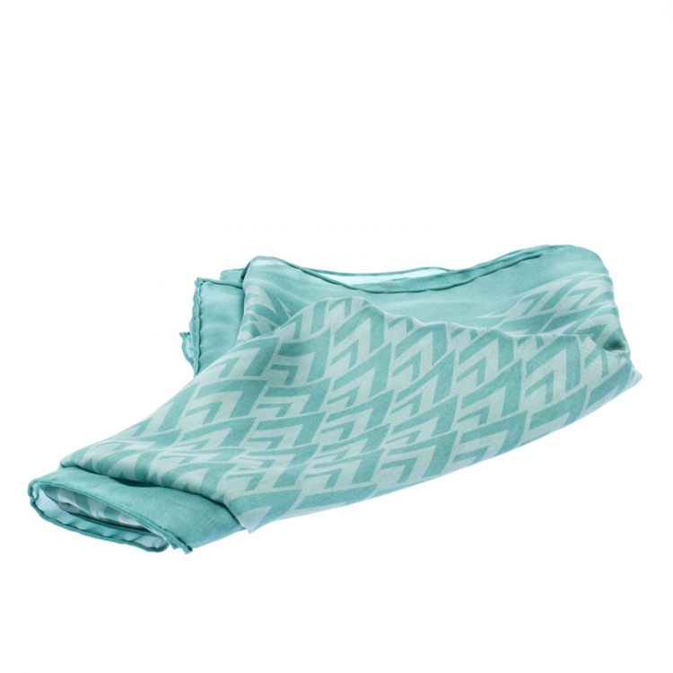 Pre Owned Valentino Teal Geometric V Print Silk Scarf 