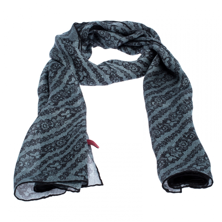 Pre Owned Valentino Blue Lace Print Silk Scarf