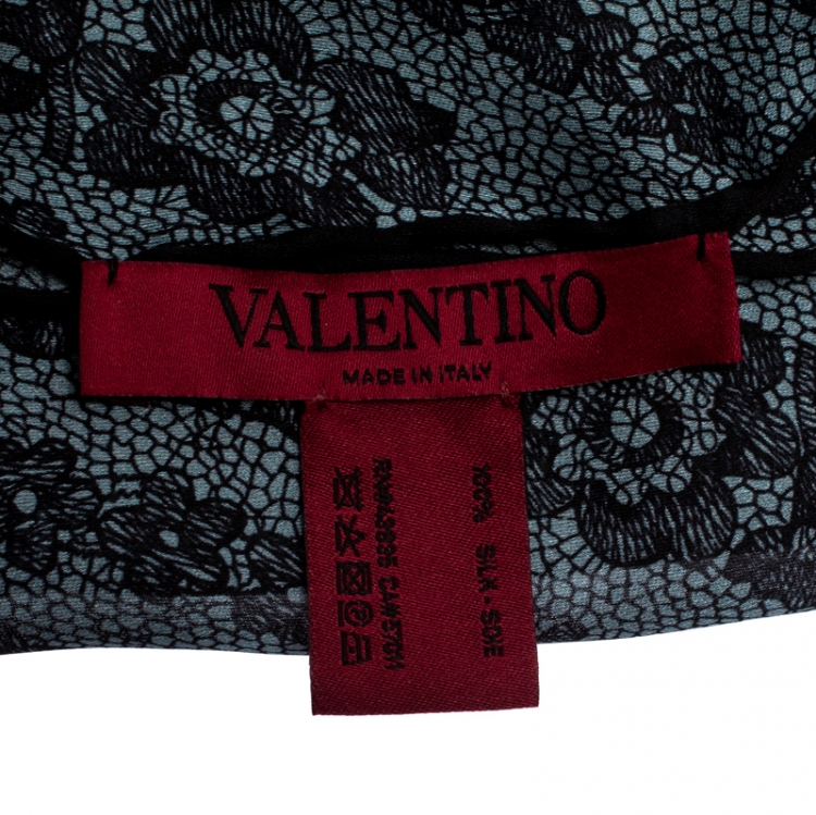 Pre Owned Valentino Blue Lace Print Silk Scarf