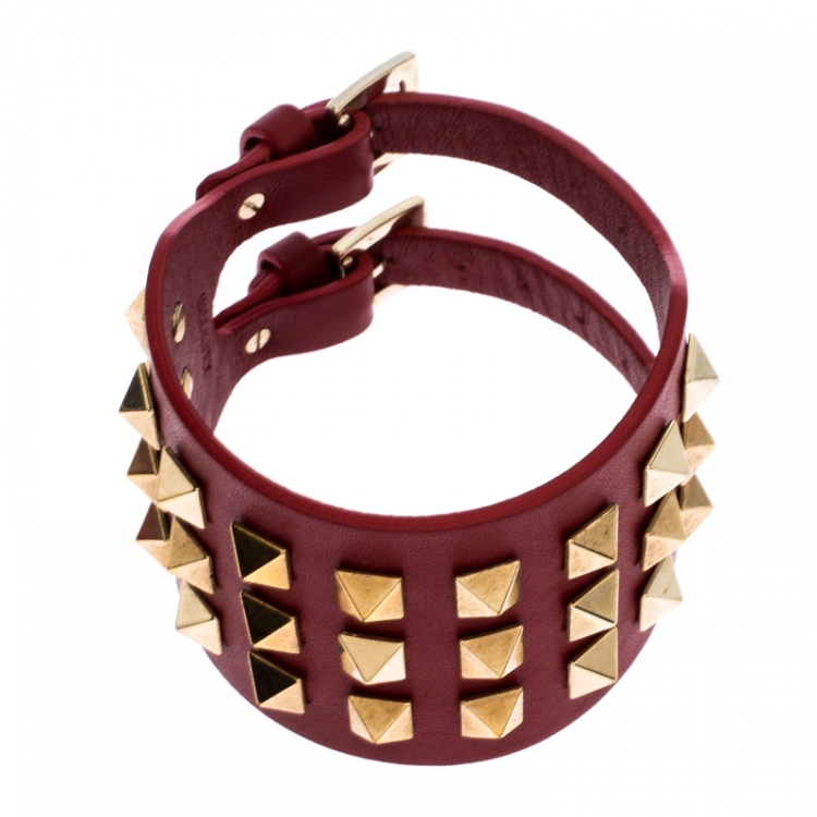 Pre Owned Valentino Red Leather Rockstud Cuff Bracelet