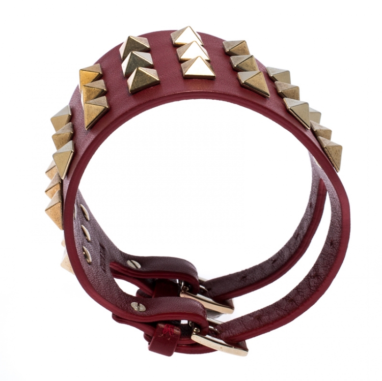 Pre Owned Valentino Red Leather Rockstud Cuff Bracelet