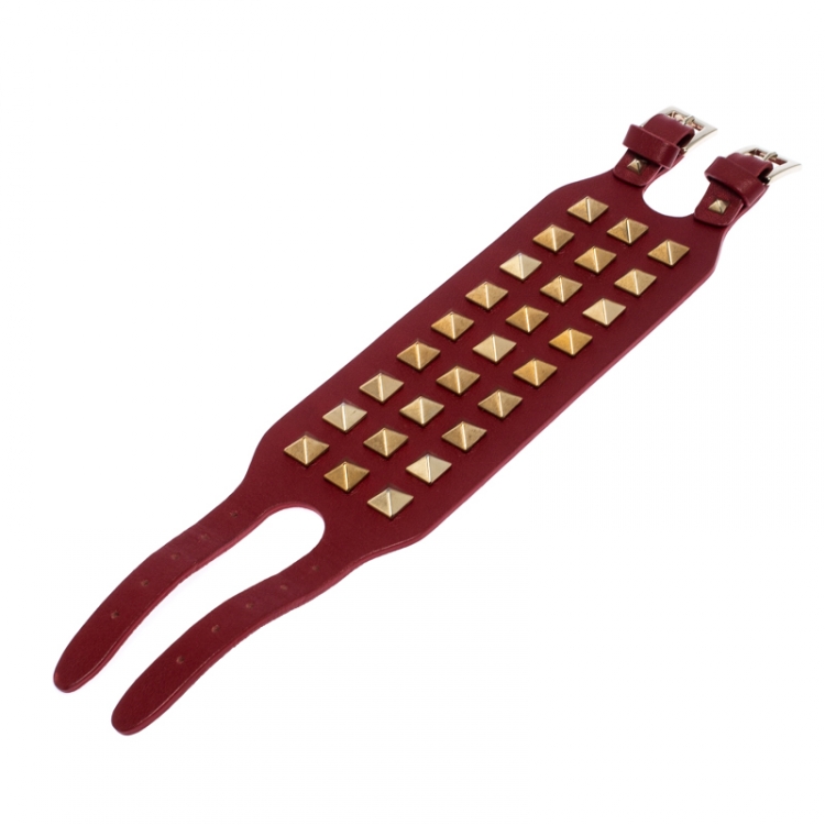 Pre Owned Valentino Red Leather Rockstud Cuff Bracelet