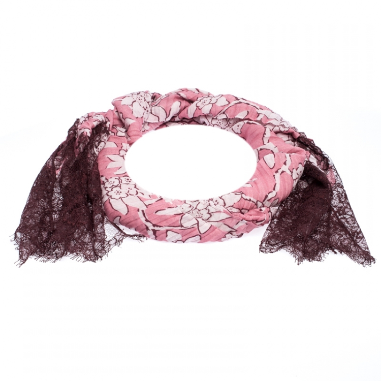 Pre Owned Valentino Pink Floral Printed Lace & Cashmere Blend Scarf