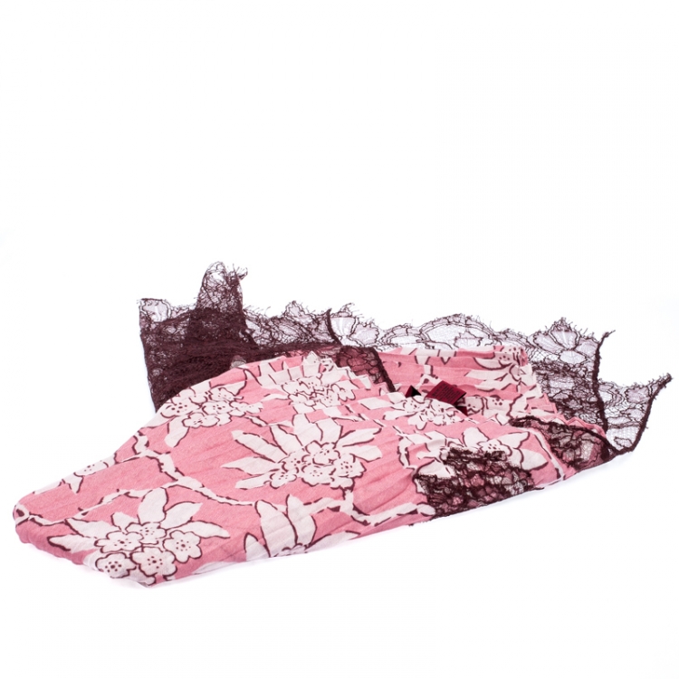 Pre Owned Valentino Pink Floral Printed Lace & Cashmere Blend Scarf