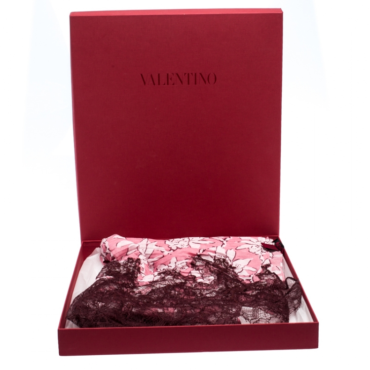 Pre Owned Valentino Pink Floral Printed Lace & Cashmere Blend Scarf