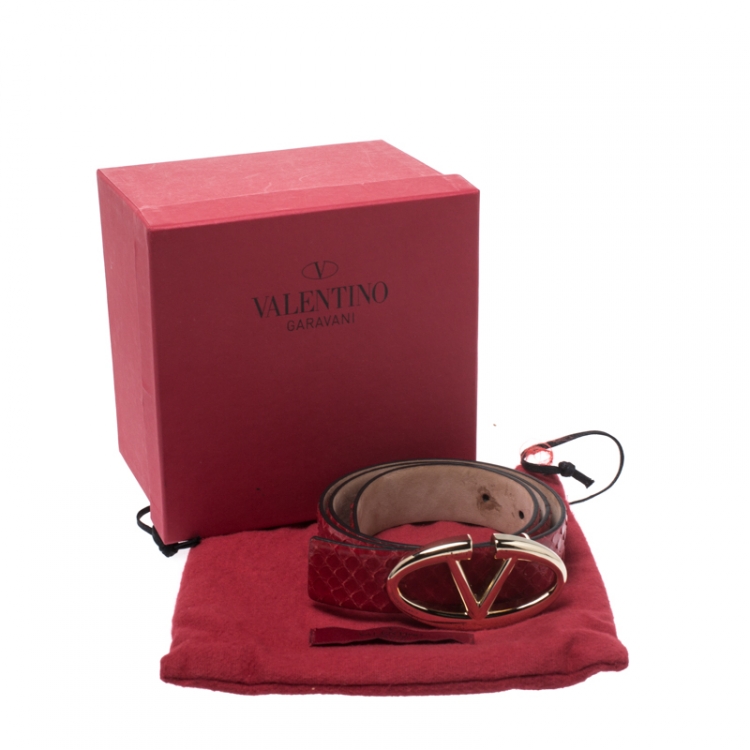 Pre Owned Valentino Red Python Logo Platino Belt Size 75CM