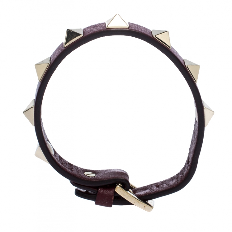 Pre Owned Valentino Rockstud Burgundy Leather Gold Tone Bracelet