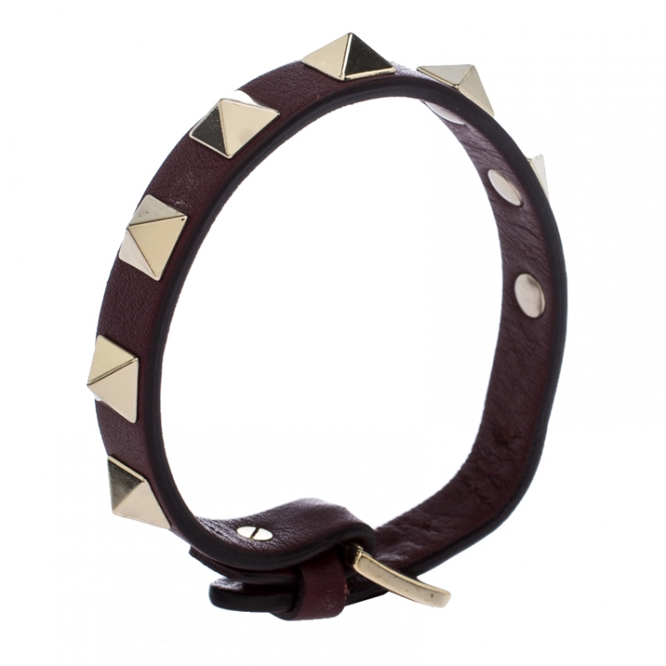 Pre Owned Valentino Rockstud Burgundy Leather Gold Tone Bracelet