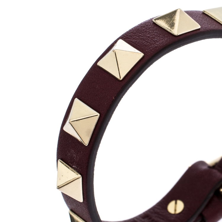 Pre Owned Valentino Rockstud Burgundy Leather Gold Tone Bracelet