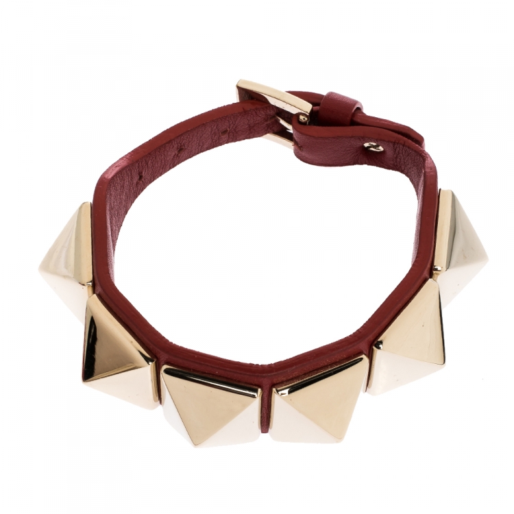 Pre Owned Valentino Large Rockstud Red Leather Gold Tone Wide Bracelet