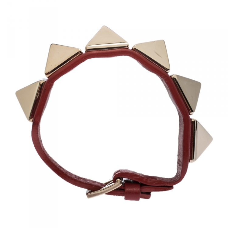 Pre Owned Valentino Large Rockstud Red Leather Gold Tone Wide Bracelet