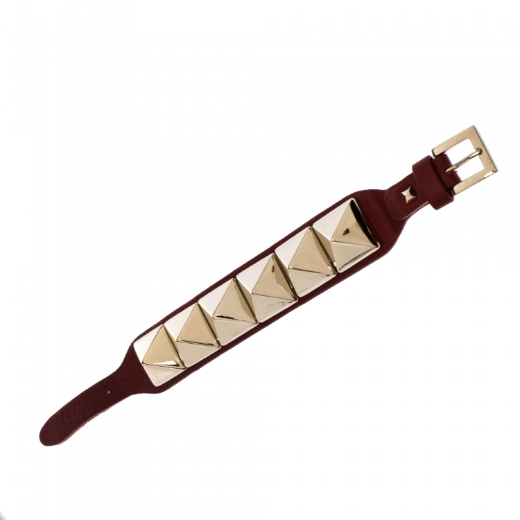 Pre Owned Valentino Large Rockstud Red Leather Gold Tone Wide Bracelet