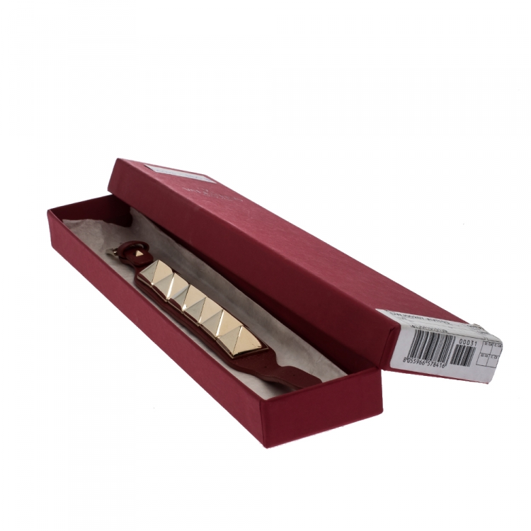 Pre Owned Valentino Large Rockstud Red Leather Gold Tone Wide Bracelet