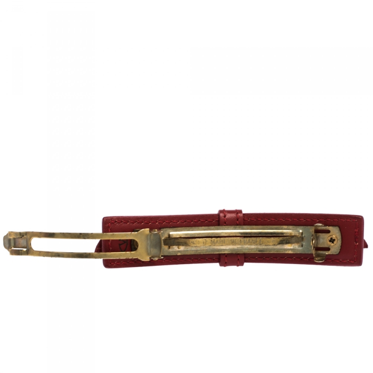 Pre Owned Valentino Rockstud Red Leather Gold Tone Bow Barrette Hair Clip