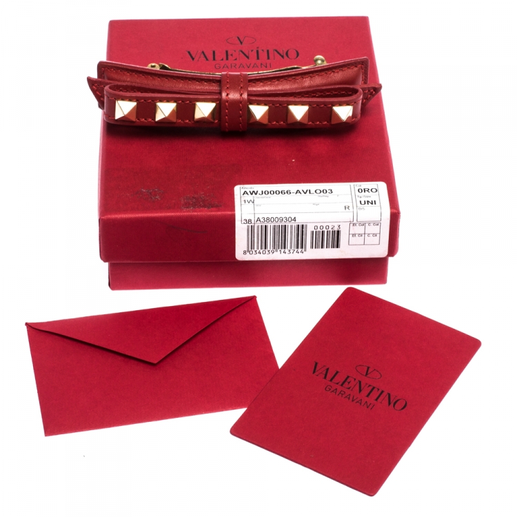 Pre Owned Valentino Rockstud Red Leather Gold Tone Bow Barrette Hair Clip