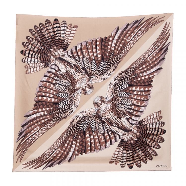 Pre Owned Valentino Beige Eagle Printed Silk Square Scarf