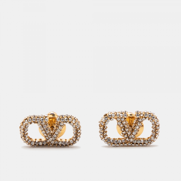 Pre Owned Valentino Gold Tone Crystal VLogo Stud Earrings