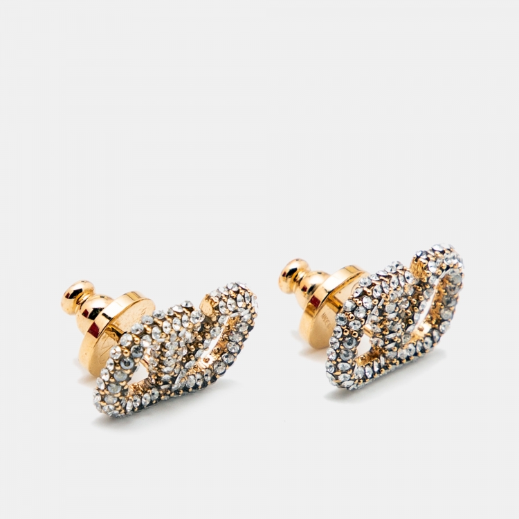 Pre Owned Valentino Gold Tone Crystal VLogo Stud Earrings